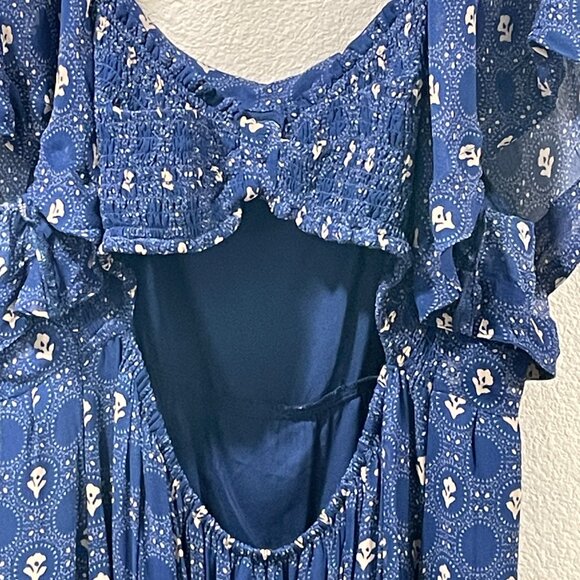 NWT ANTHROPOLOGIE MAEVE Flutter Sleeve Shirred Open Back Mini Dress Navy Size 2X - Picture 10 of 16